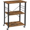 Kitchen Serving Shelf Trolley on Wheels, 3 Shelves with 6 Hook Rustic Brown