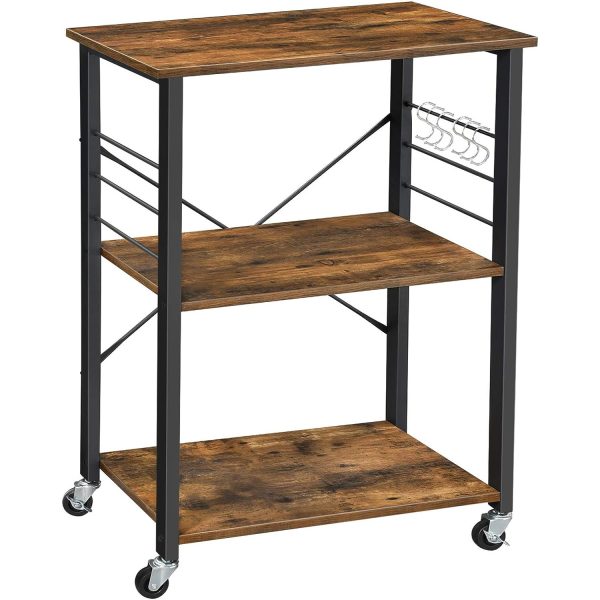 Kitchen Serving Shelf Trolley on Wheels, 3 Shelves with 6 Hook Rustic Brown