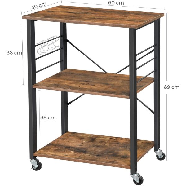 Kitchen Serving Shelf Trolley on Wheels, 3 Shelves with 6 Hook Rustic Brown