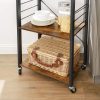 Kitchen Serving Shelf Trolley on Wheels, 3 Shelves with 6 Hook Rustic Brown