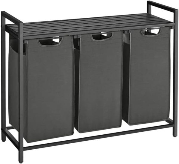 Laundry Hamper with Shelf and Pull-Out Bag 3 x 38L Black and Gray