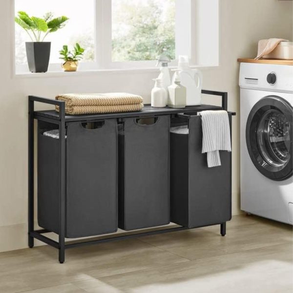 Laundry Hamper with Shelf and Pull-Out Bag 3 x 38L Black and Gray