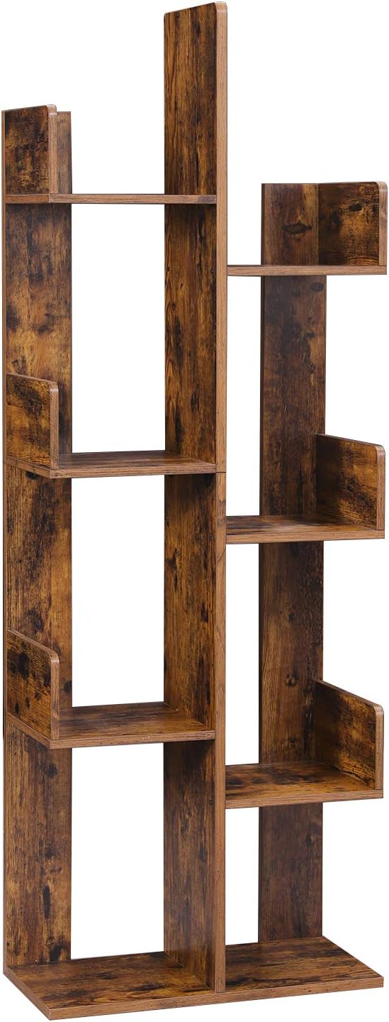 Tree-Shaped Bookcase with 8 Storage Shelves Rounded Corners Rustic Brown