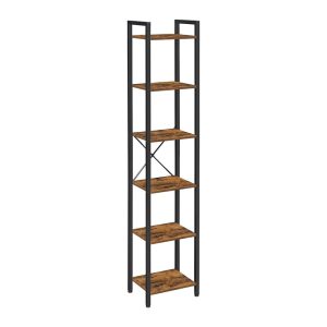 Narrow Bookcase Small 6-Tiers Bookshelf Industrial Rustic Brown and Black