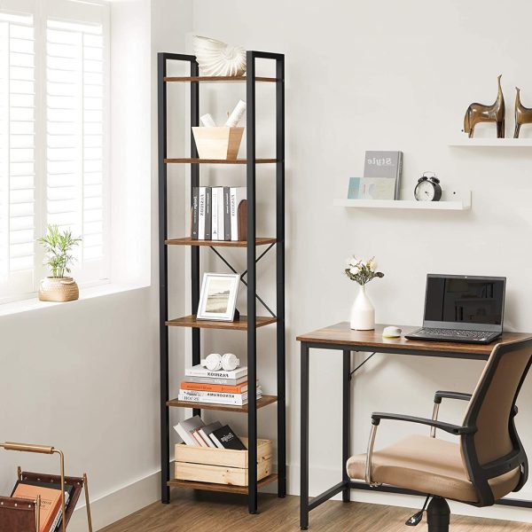 Narrow Bookcase Small 6-Tiers Bookshelf Industrial Rustic Brown and Black