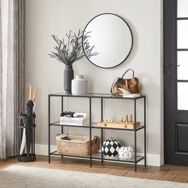 Storage Rack Console Sofa Table with 3 Shelves Steel Frame Tempered Glass Shelf Modern Style Black