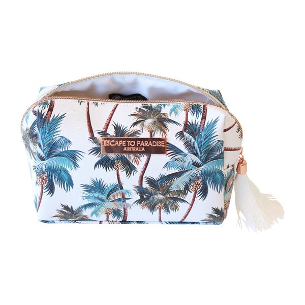 Saffiano Rectangle Boxy Cosmetic Bag-Palm Trees White