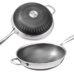 316 Stainless Steel Non-Stick Stir Fry Cooking Kitchen Wok Pan with Lid Honeycomb Double Sided – 34 cm