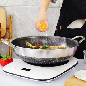 316 Stainless Steel Double Ear Non-Stick Stir Fry Cooking Kitchen Wok Pan with Lid Honeycomb Double Sided – 40 cm