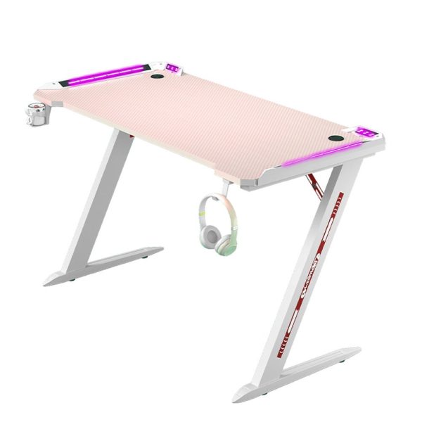 RGB Gaming Desk Home Office Carbon Fiber Led Lights Game Racer Computer PC Table Z-Shaped Pink – 120x60x74 cm