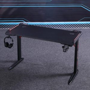 RGB Gaming Desk Home Office Carbon Fiber Led Lights Game Racer Computer PC Table L-Shaped Black