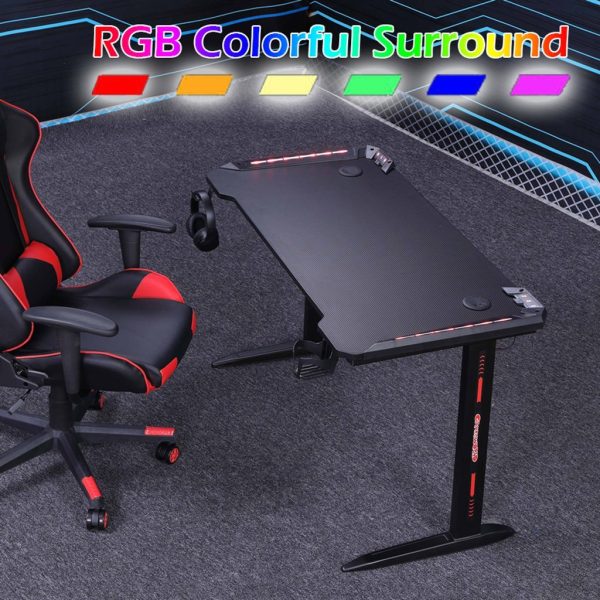 RGB Gaming Desk Home Office Carbon Fiber Led Lights Game Racer Computer PC Table L-Shaped Black – 140x60x74 cm