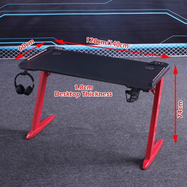 RGB Gaming Desk Home Office Carbon Fiber Led Lights Game Racer Computer PC Table Z-Shaped Red – 140x60x74 cm