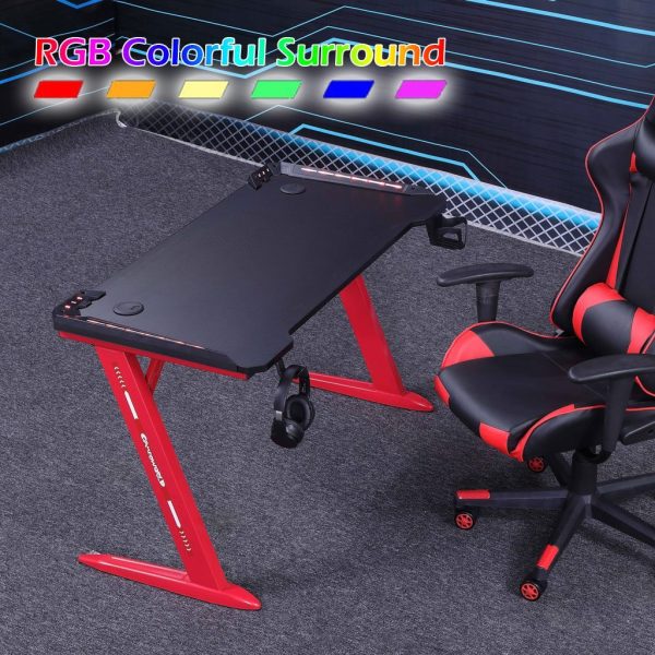 RGB Gaming Desk Home Office Carbon Fiber Led Lights Game Racer Computer PC Table Z-Shaped Red – 140x60x74 cm