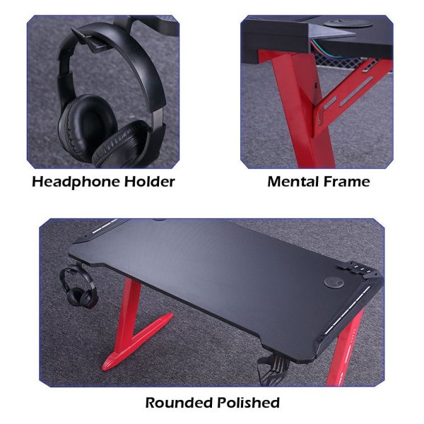 RGB Gaming Desk Home Office Carbon Fiber Led Lights Game Racer Computer PC Table Z-Shaped Red – 140x60x74 cm