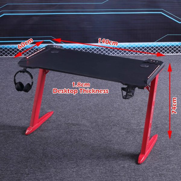 RGB Gaming Desk Home Office Carbon Fiber Led Lights Game Racer Computer PC Table Z-Shaped Red – 140x60x74 cm