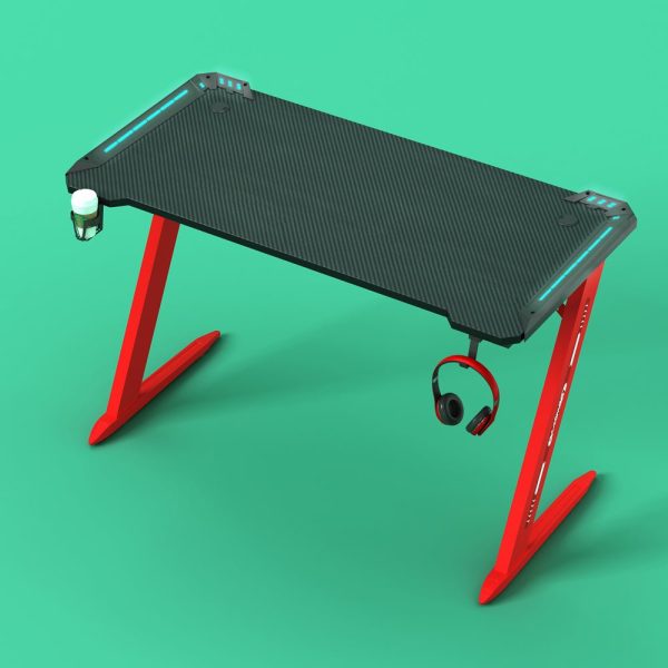 RGB Gaming Desk Home Office Carbon Fiber Led Lights Game Racer Computer PC Table Z-Shaped Red – 140x60x74 cm