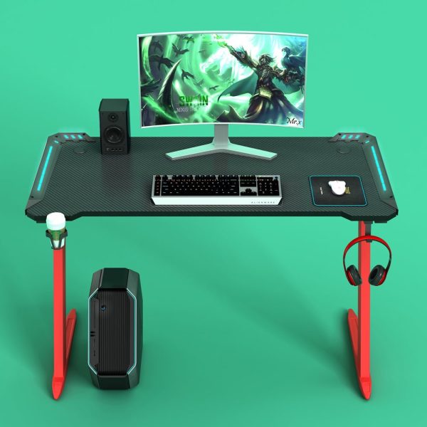 RGB Gaming Desk Home Office Carbon Fiber Led Lights Game Racer Computer PC Table Z-Shaped Red – 140x60x74 cm