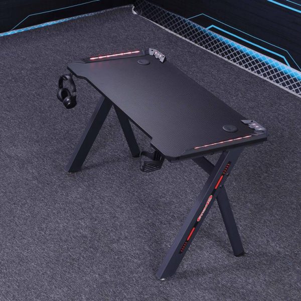 RGB Gaming Desk Home Office Carbon Fiber Led Lights Game Racer Computer PC Table Y-Shaped Black – 140x60x74 cm