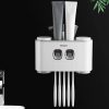 Ecoco Wall-Mounted Toothbrush Holder with 2 Toothpaste Dispensers 4 Cups and 5 Toothbrush Slots Toiletries Bathroom Storage Rack – Grey