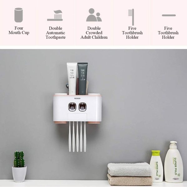 Ecoco Wall-Mounted Toothbrush Holder with 2 Toothpaste Dispensers 4 Cups and 5 Toothbrush Slots Toiletries Bathroom Storage Rack – Grey