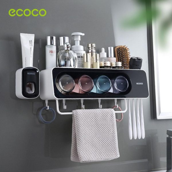 Ecoco Wall-Mounted Toothbrush Holder with 4 Cups and 4 Toothbrush Slots Toiletries Bathroom Storage Rack – Black