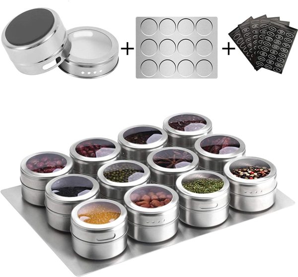 Magnetic Spice Jars Containers Spice Tins Wall Mounted Stainless Steel Base New – 12