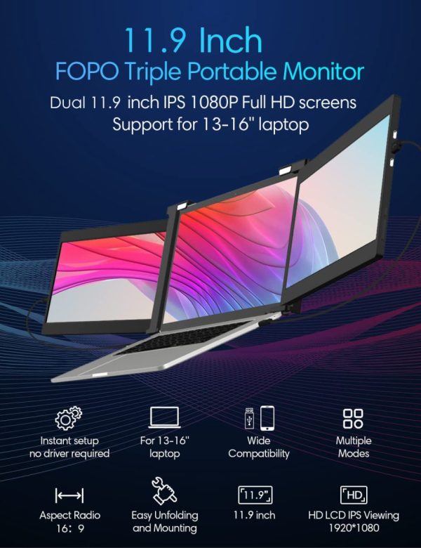 11.9 Inch Triple Portable Monitor 2022 FOPO 1080P FHD IPS Attachable Triple Monitor Extender, Triple Screen for Laptop of 13″-16″ Compatible with Windows/Mac/Switch/Xbox Connect with USB-C/HDMI