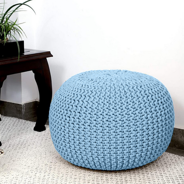 Braided Ottoman Pouffe Footstool Hand Knitted – Blue