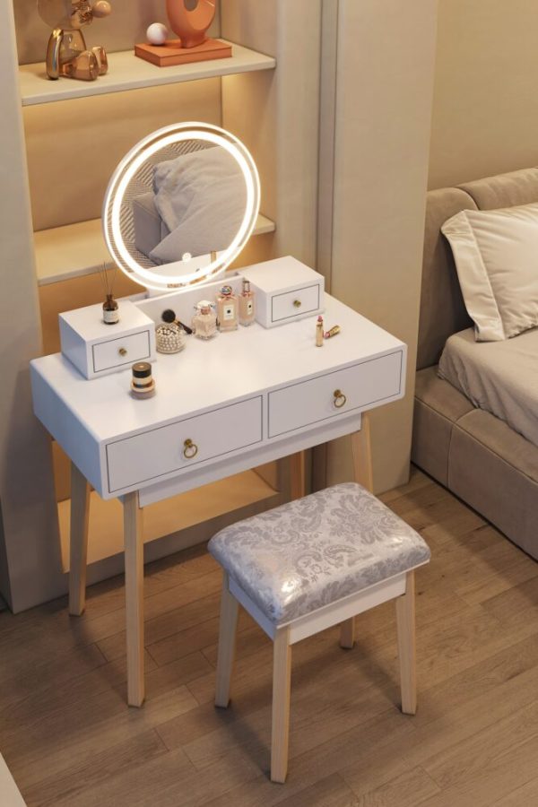 Dressing Vanity Table Stool Set with Make-up LED Lighted Mirror-White