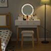 Dressing Vanity Table Stool Set with Make-up LED Lighted Mirror-White