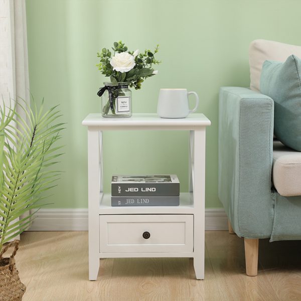 2-tier Bedside Table with Storage Drawer 2 PC – Rustic White