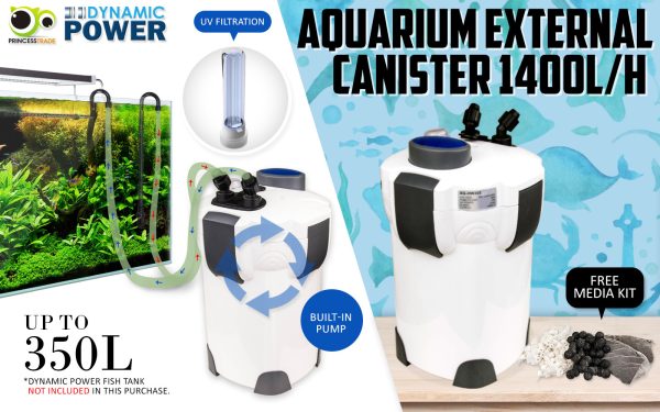 Dynamic Power Aquarium UV Light External Canister Filter – 1400L/H + Media Kit