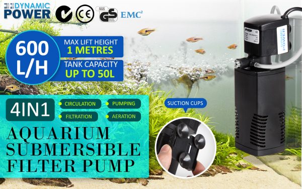 Dynamic Power Aquarium Submersible Filter Pond Pump – 600L/H 8W 1m Pond