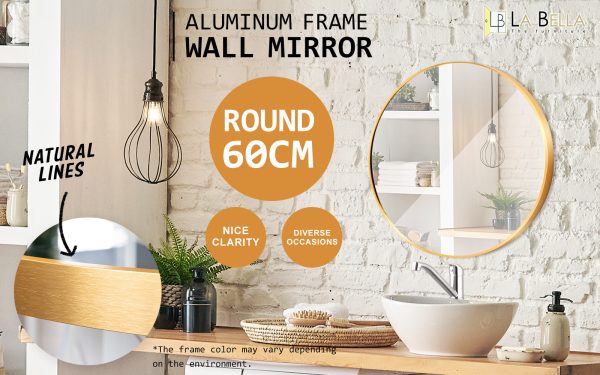 2 Set Wall Mirror Round Aluminum Frame Bathroom 60cm GOLD