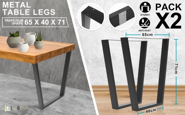 La Bella 2 Set Black Coffee Dining Table Legs Bench Trapezium DIY Steel Metal – 65x40x71 cm