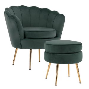 La Bella Shell Scallop Armchair Accent Chair Velvet + Round Ottoman Footstool – Green