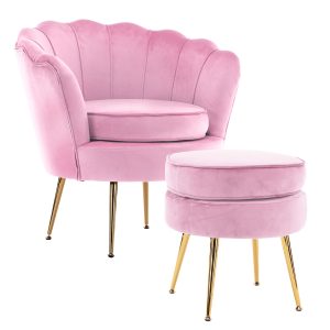 La Bella Shell Scallop Armchair Accent Chair Velvet + Round Ottoman Footstool – Pink