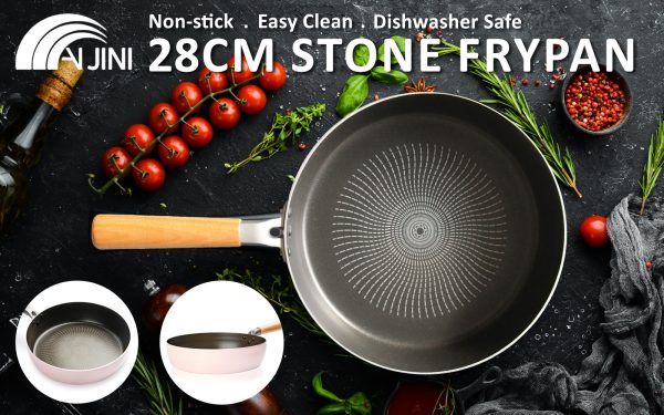 Stone Frypan Frying Pan 28cm Non-Stick IH Induction Wood Ceramic Round PINK