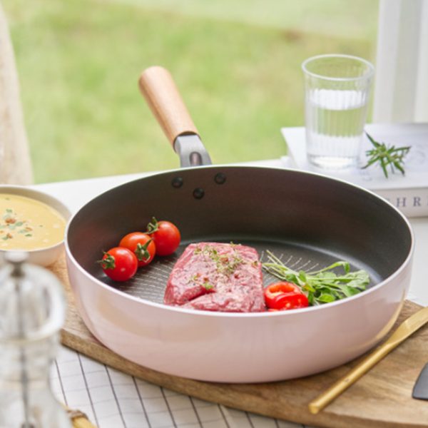 Stone Frypan Frying Pan 28cm Non-Stick IH Induction Wood Ceramic Round PINK