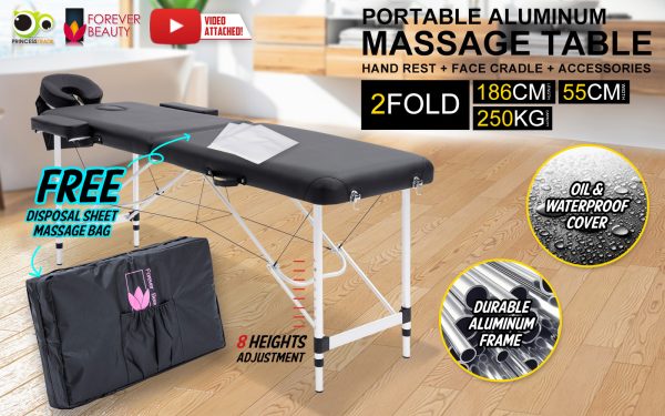 Forever Beauty Portable Beauty Massage Table Bed Therapy Waxing 2 Fold 55cm Aluminium – Black