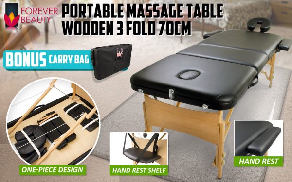 Forever Beauty Portable Massage Table Bed Therapy Waxing 3 Fold 70cm Wooden – Black