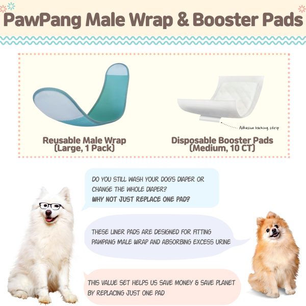 PawPang Dog Wrap Reusable Male + 10 Ct M Diaper Booster Pads Disposable – L