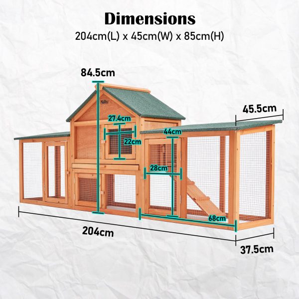 Rabbit Hutch Chicken Coop 204 x 45 x 85cm 2 Storey Cage Mansion