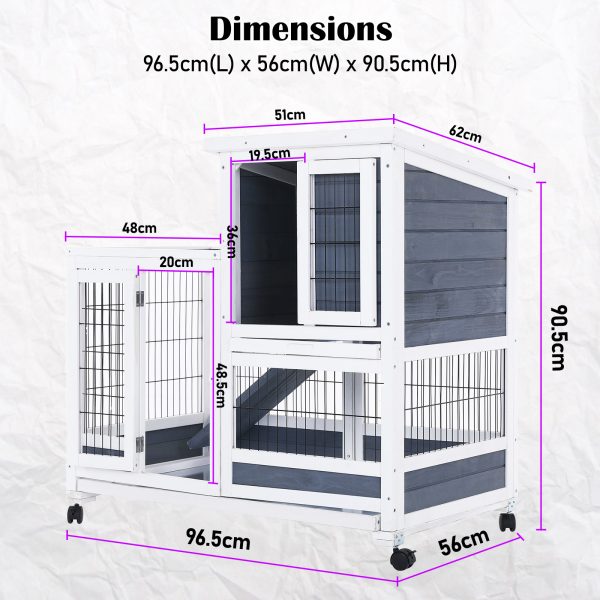 Rabbit Hutch Chicken Coop with Wheels 96.5 x 56 x 90.5cm 2 Storey Pet Cage Run THUMPER