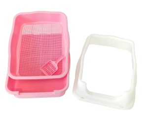 Large Deep Cat Kitty Litter Tray High Wall Pet Toilet Grid Tray With Scoop Pink