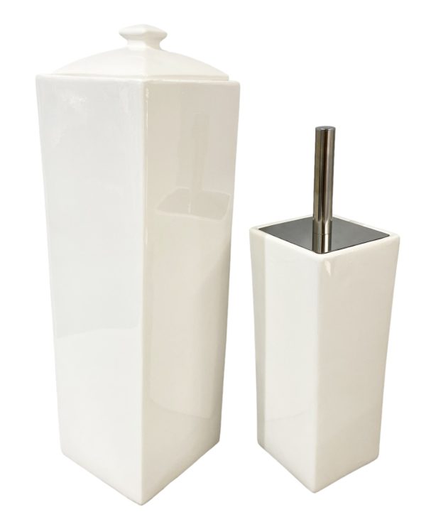 Gloss White Ceramic Bathroom Accessories Set Toilet Brush Paper Roll Holder