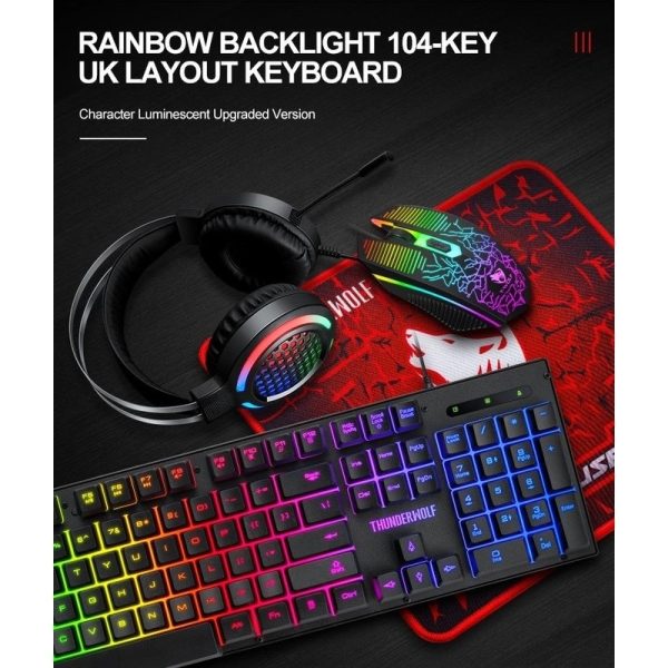 T-Wolf 4-pcs Rainbow Keyboard/Mouse/Headphone/Mouse Pad Kit Set – TF400