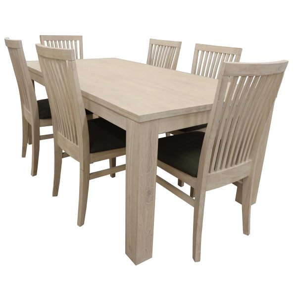 7pc Dining Set 190cm Table 6 PU Seat Chair Solid Mt Ash Wood – White