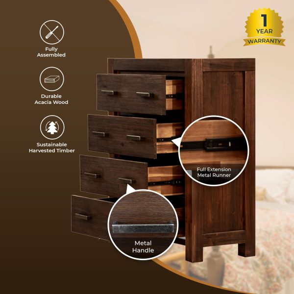 Amesbury 4pc Bed Frame Suite Bedside Tallboy Furniture Package – Walnut – QUEEN